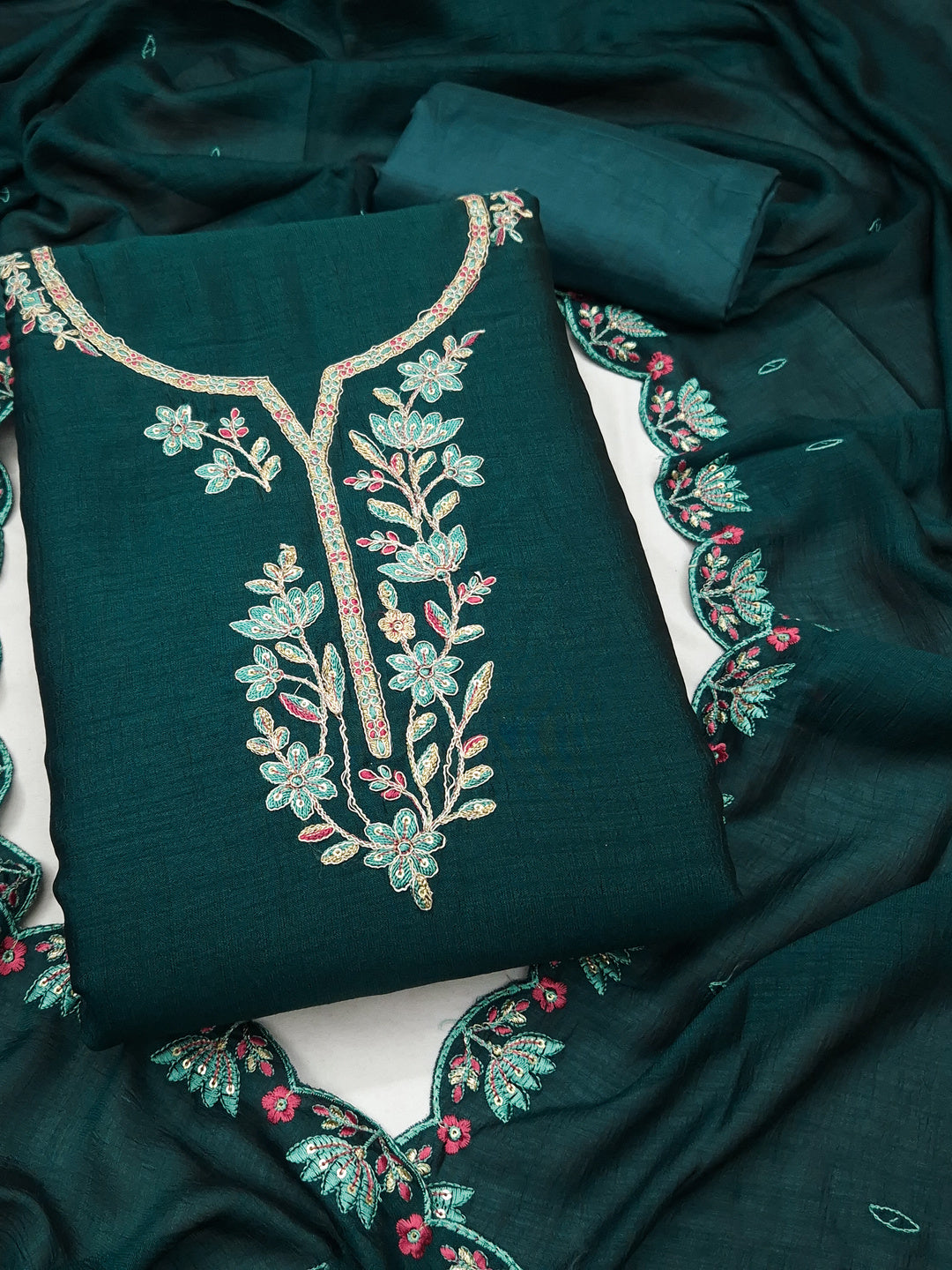 Peachmode Teal Vichitra Silk Floral Embroidered Unstitched Dress Material - Image 1