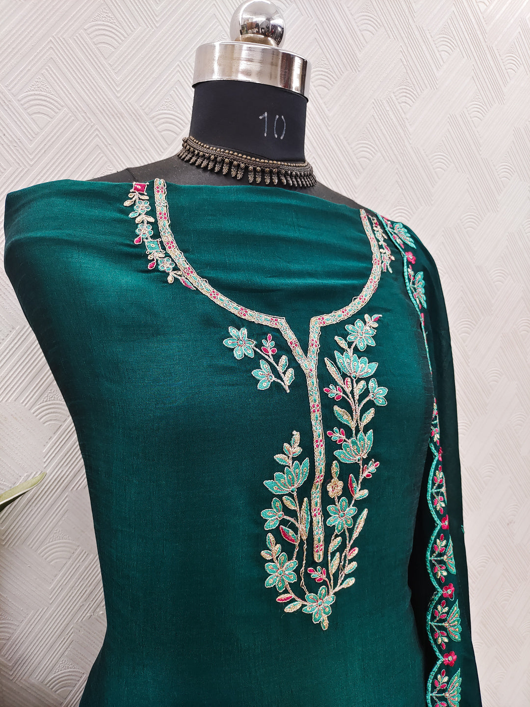 Peachmode Teal Vichitra Silk Floral Embroidered Unstitched Dress Material - Image 3