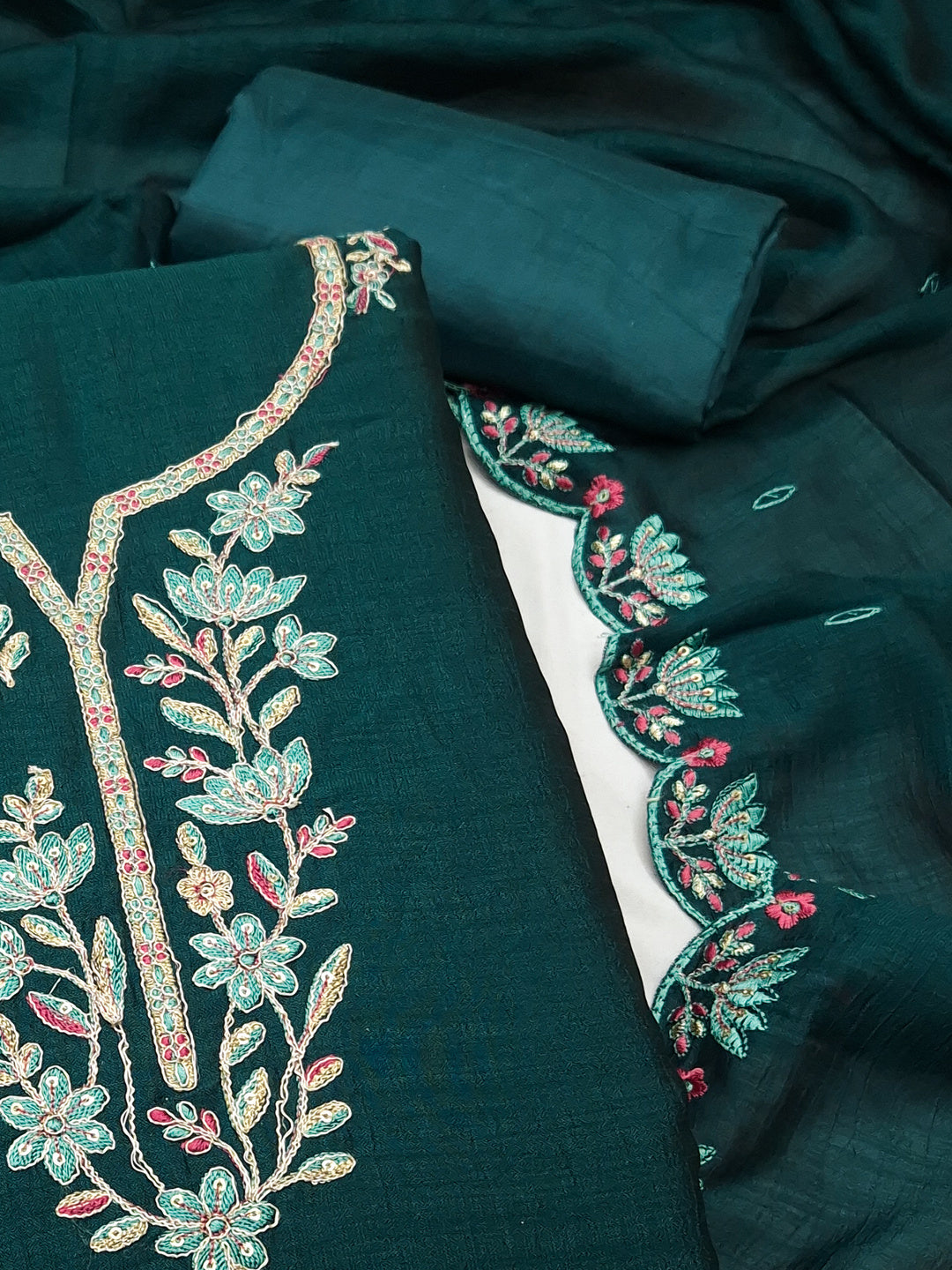 Peachmode Teal Vichitra Silk Floral Embroidered Unstitched Dress Material - Image 4