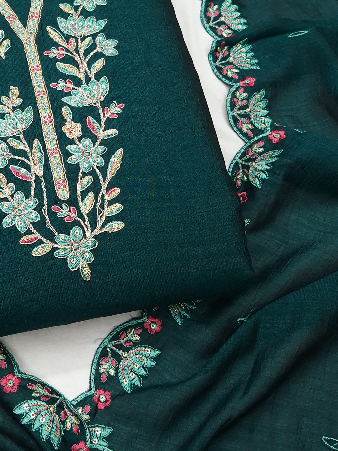 Peachmode Teal Vichitra Silk Floral Embroidered Unstitched Dress Material - Image 5