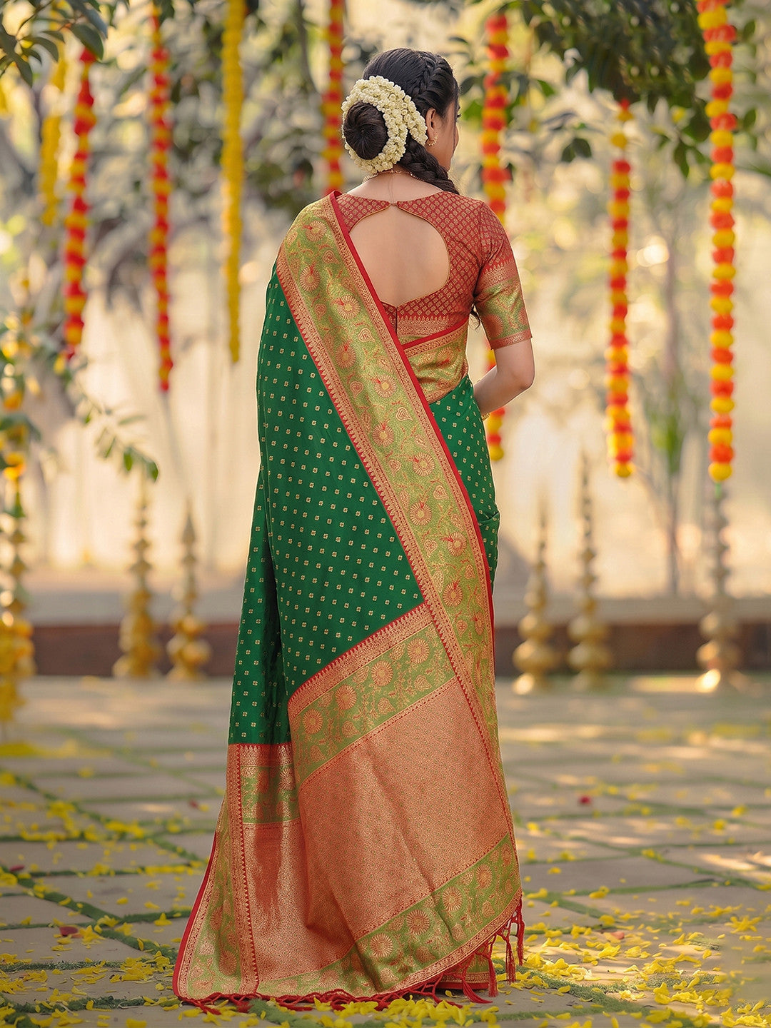 Peachmode Dark Green Silk Blend Woven Saree - Image 2