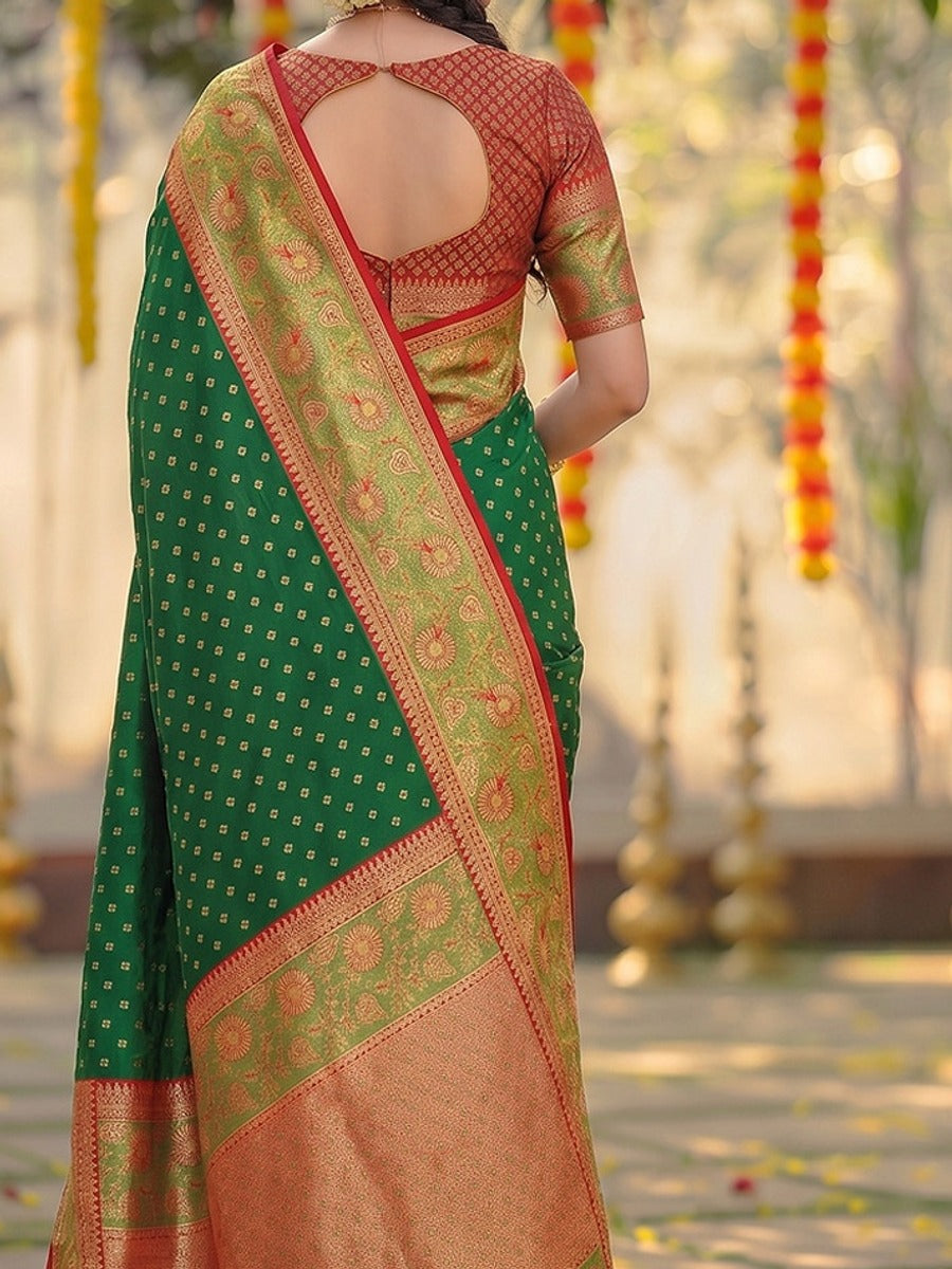 Peachmode Dark Green Silk Blend Woven Saree - Image 6