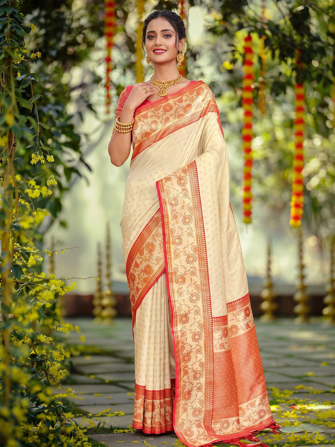Peachmode Off White Silk Blend Woven Saree - Image 1