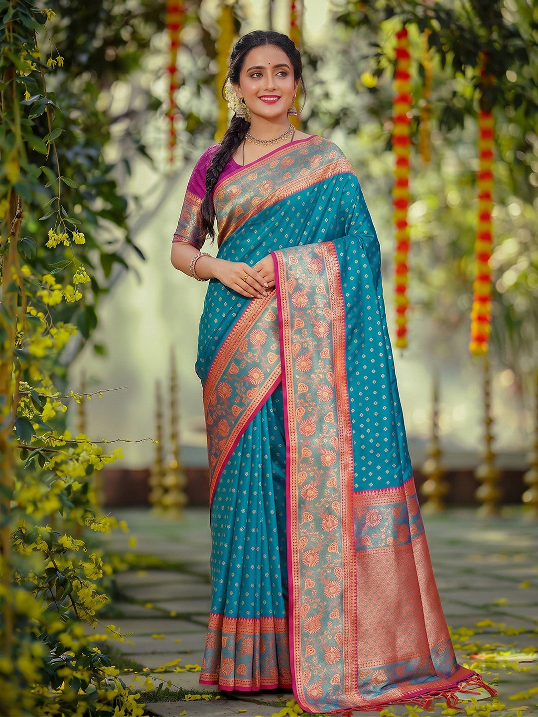 Peachmode Blue Silk Blend Woven Saree - Image 1
