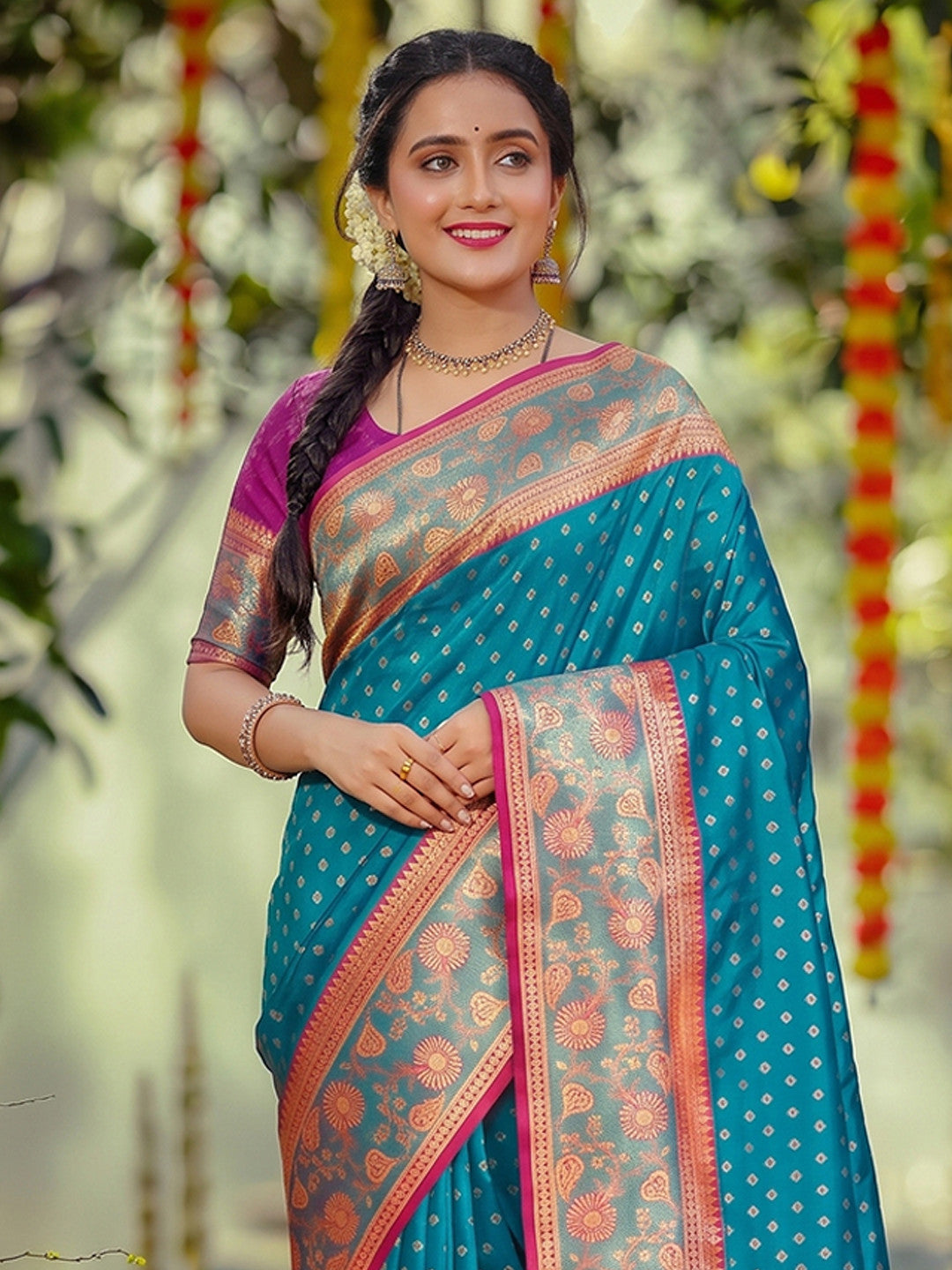 Peachmode Blue Silk Blend Woven Saree - Image 3