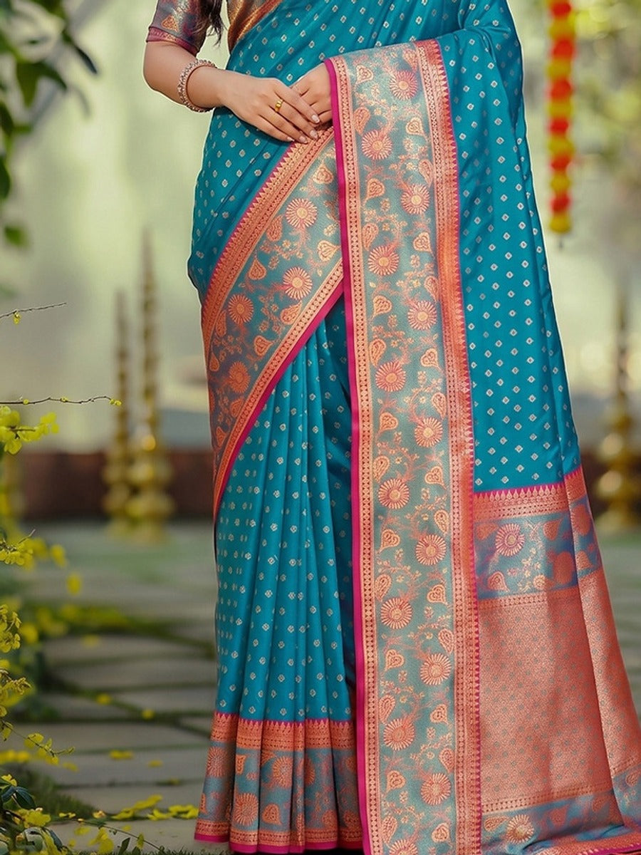 Peachmode Blue Silk Blend Woven Saree - Image 5