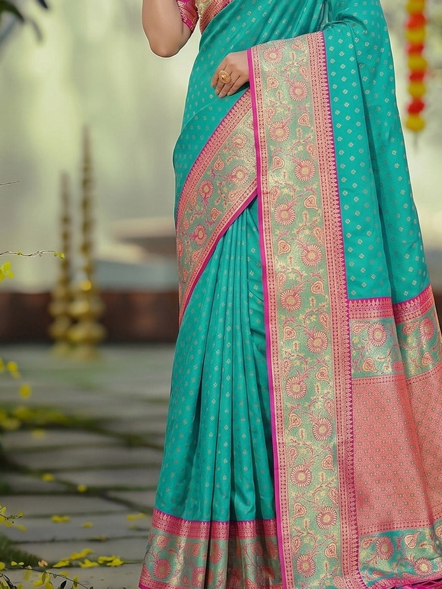 Peachmode Sea Green Silk Blend Woven Saree - Image 5