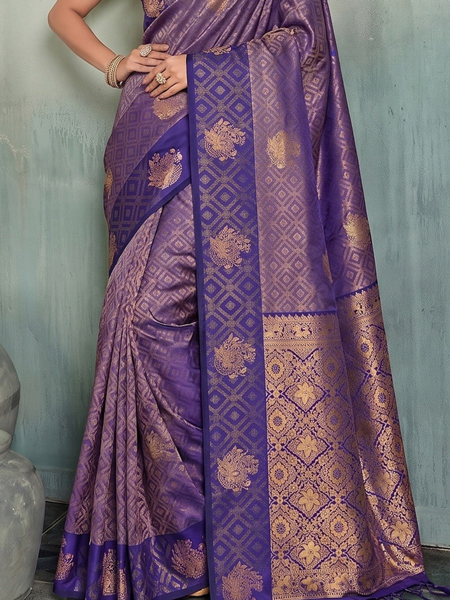 Peachmode Purple Silk Blend Woven Saree - Image 5