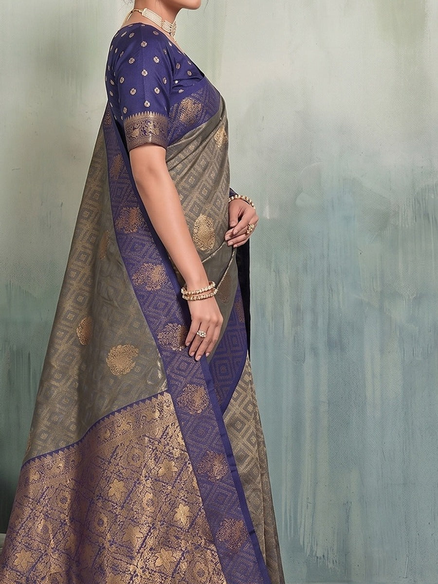 Peachmode Grey Silk Blend Woven Saree - Image 6