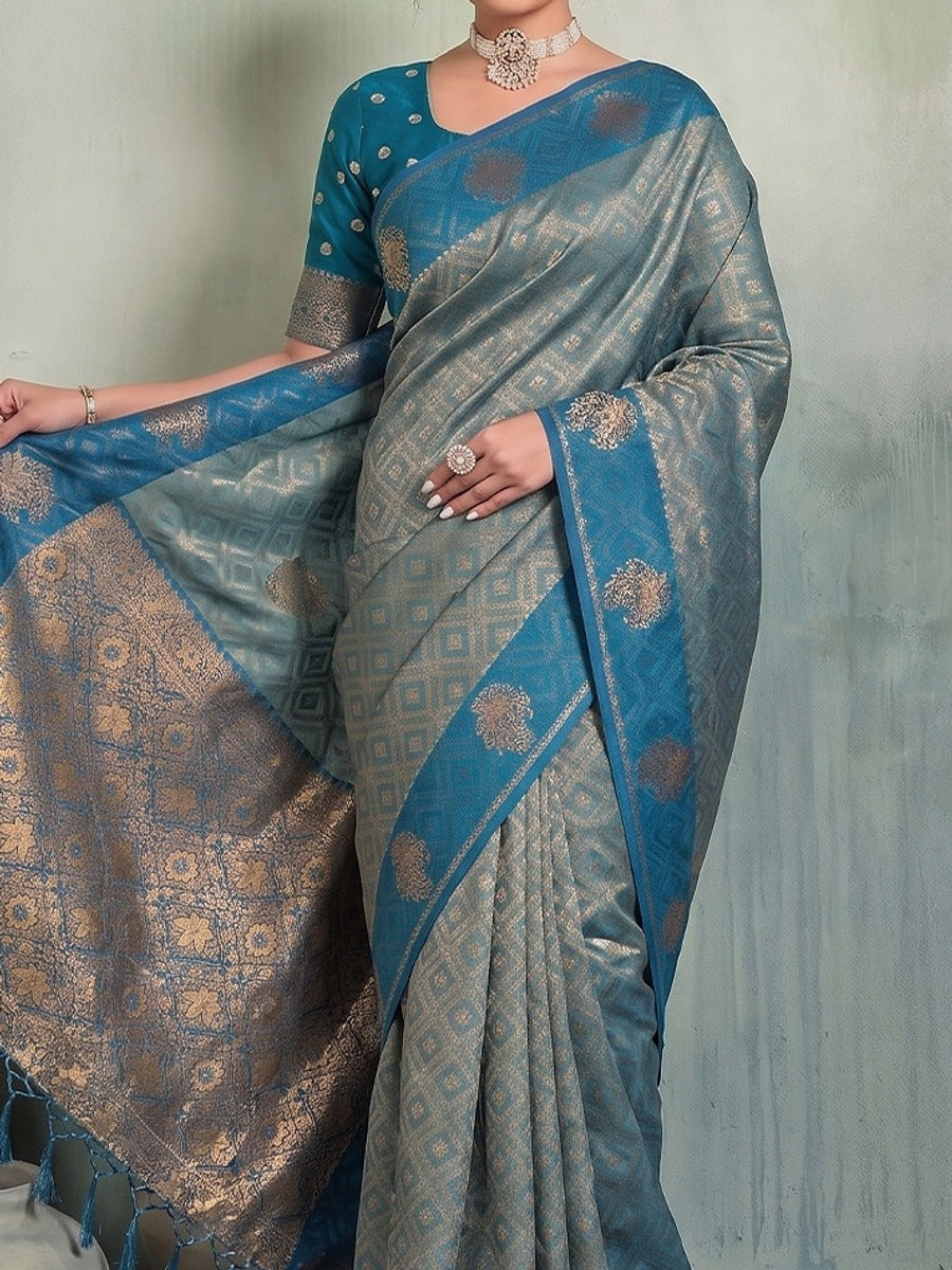 Peachmode Light Blue Silk Blend Woven Saree - Image 6