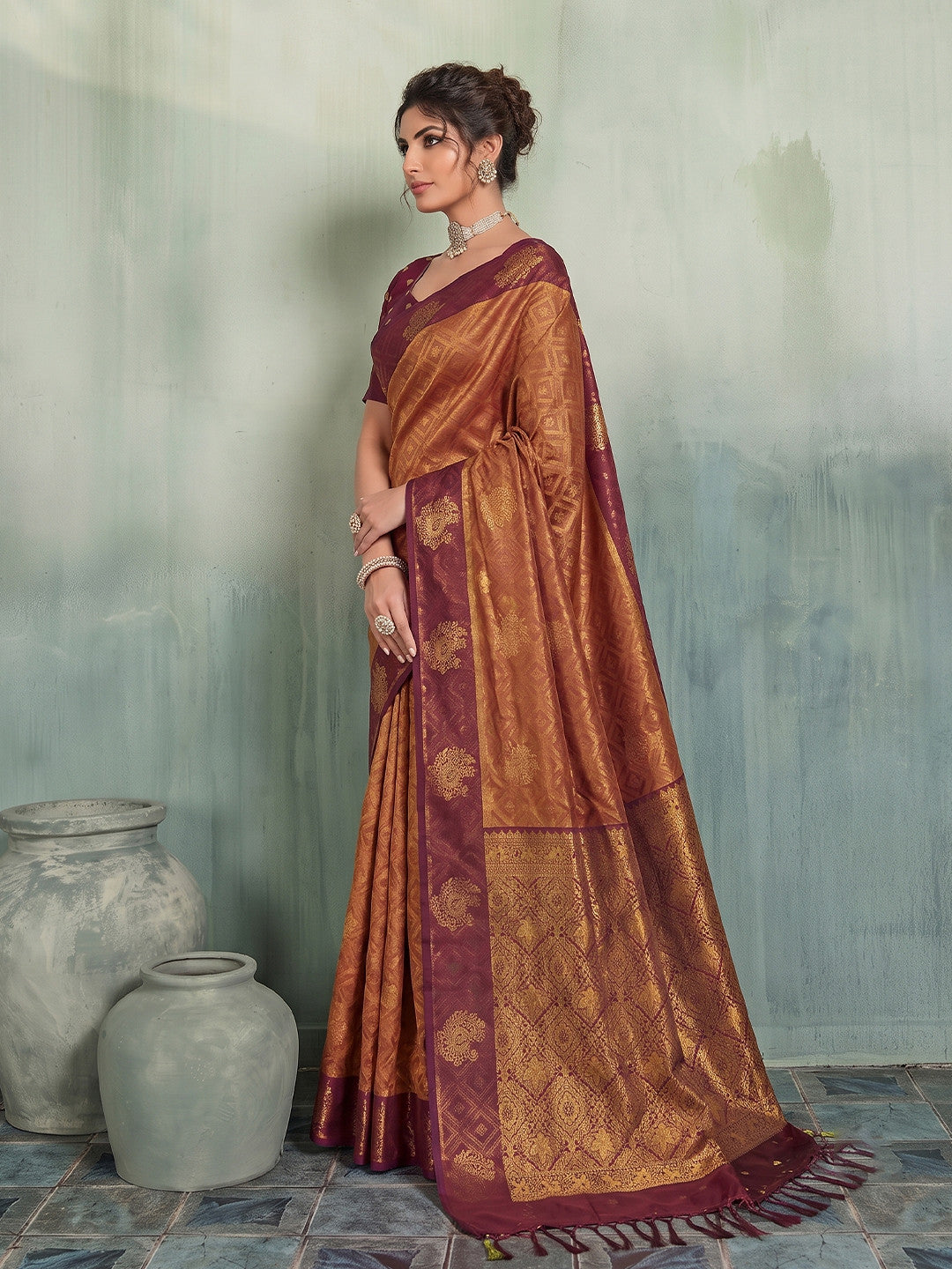 Peachmode Rust Silk Blend Woven Saree - Image 3
