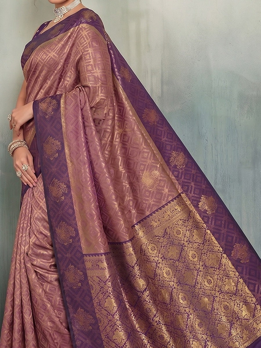 Peachmode Dark Magenta Silk Blend Woven Saree - Image 6