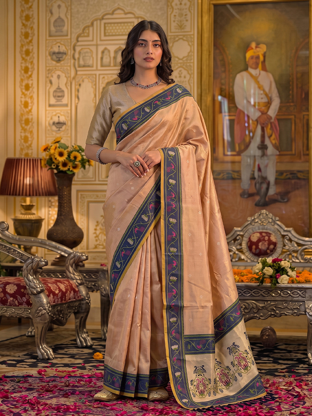 Peachmode Peach Tissue Silk Woven Saree - Image 1