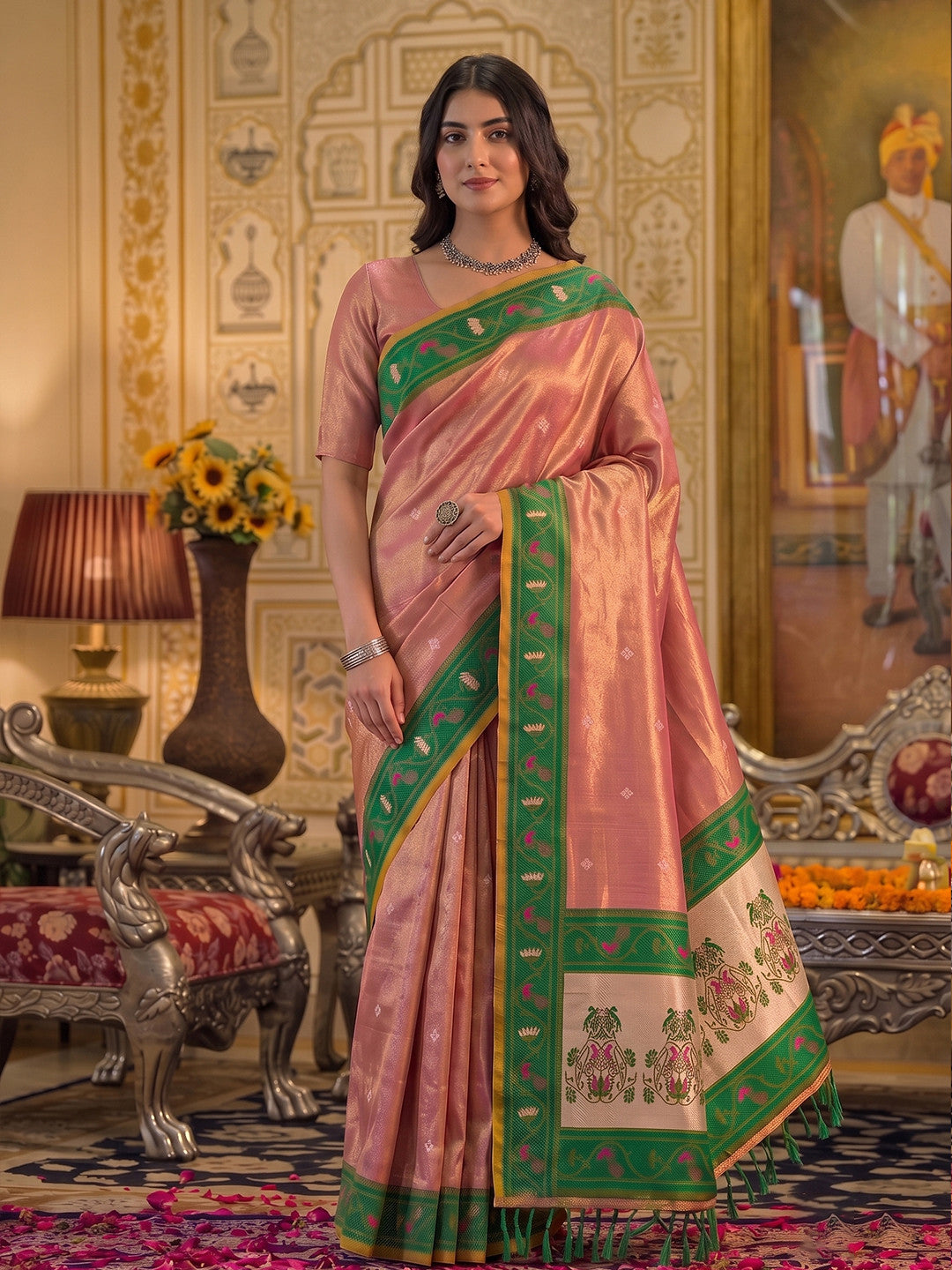 Peachmode Light Pink Tissue Silk Woven Saree - Image 1