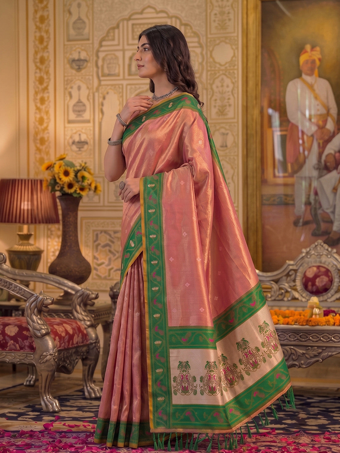 Peachmode Light Pink Tissue Silk Woven Saree - Image 3