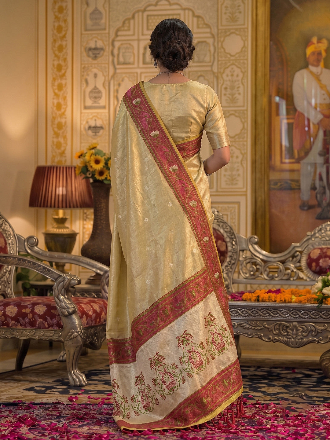Peachmode Beige Tissue Silk Woven Saree - Image 3