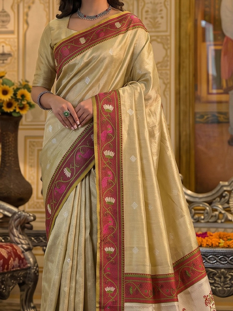 Peachmode Beige Tissue Silk Woven Saree - Image 4