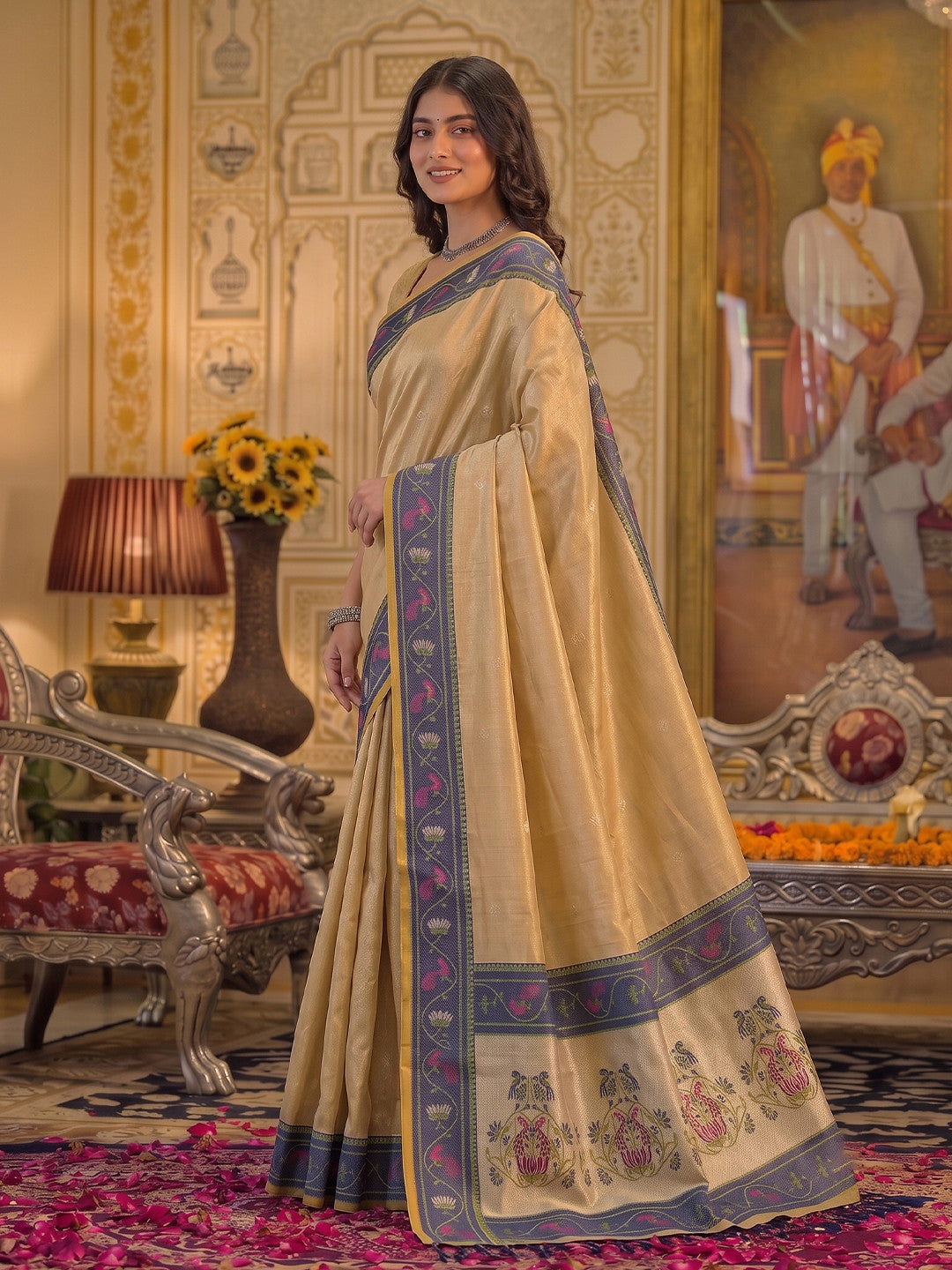 Peachmode Light Golden Tissue Silk Woven Saree - Image 2