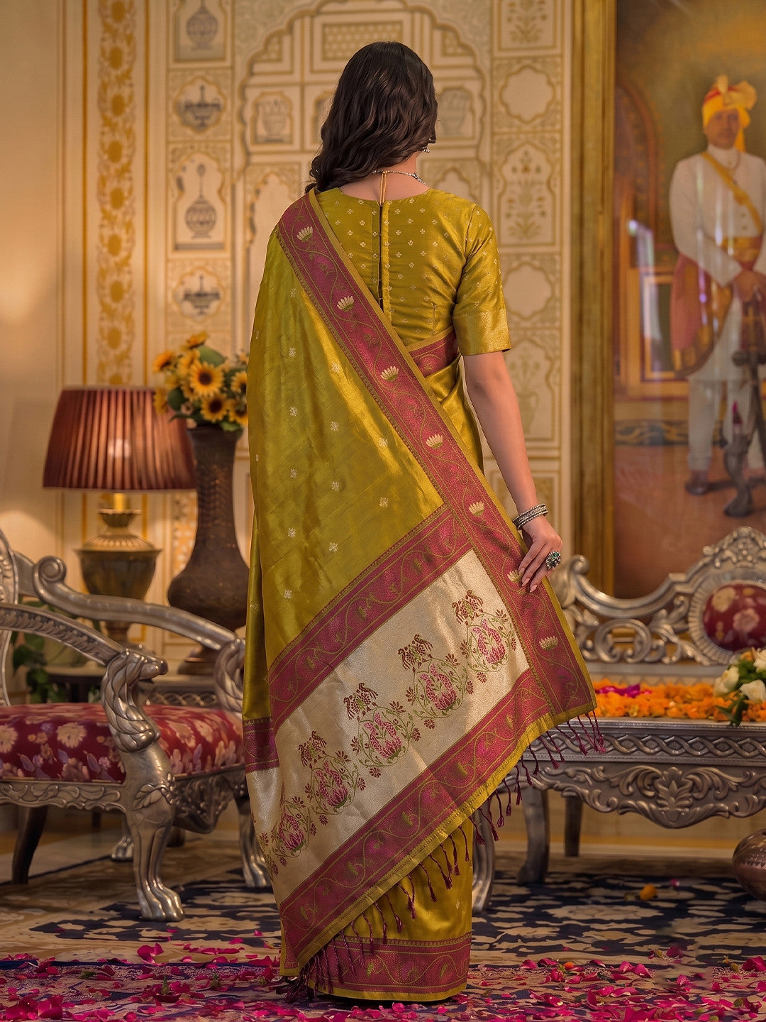 Peachmode Dark Brown Tissue Silk Woven Saree - Image 2