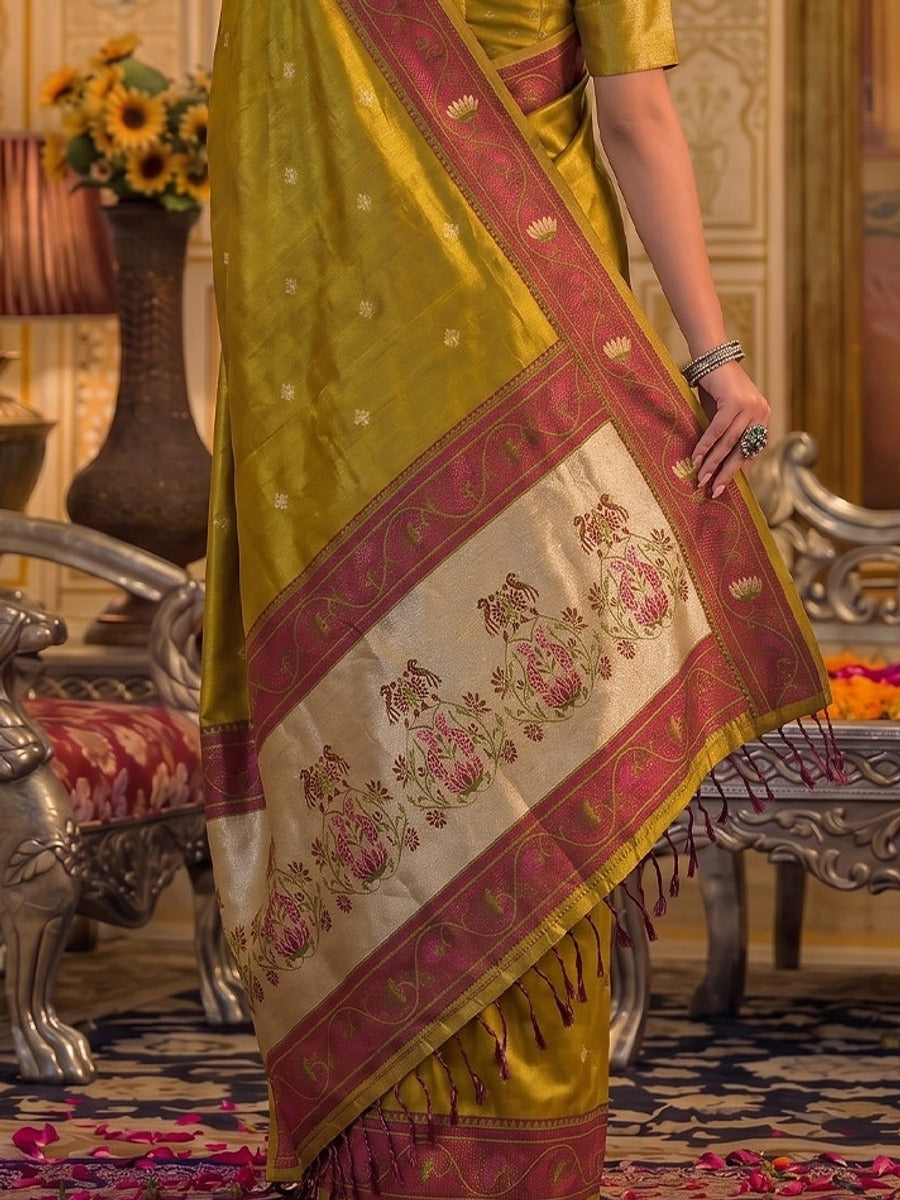 Peachmode Dark Brown Tissue Silk Woven Saree - Image 5