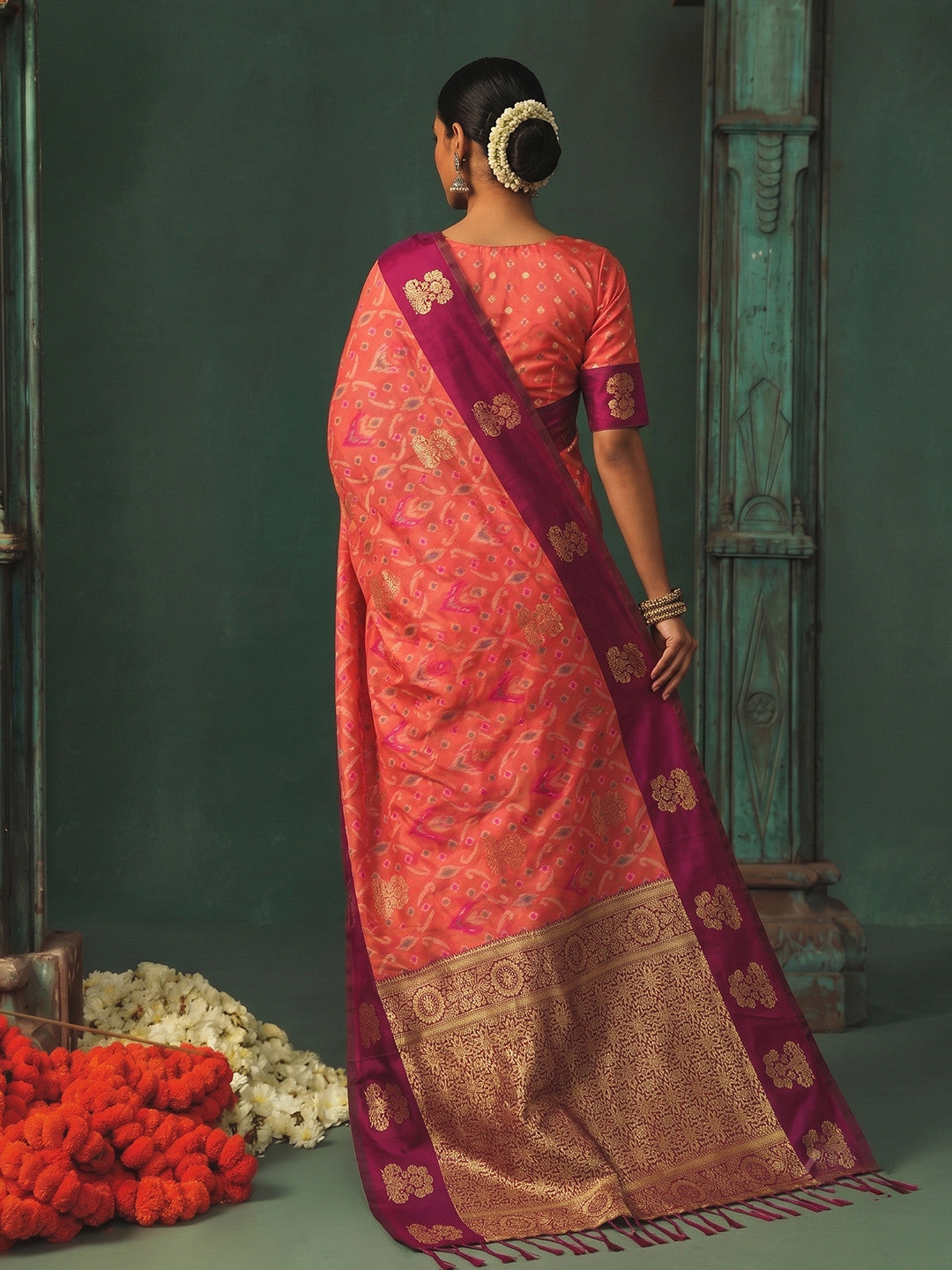Peachmode Peach Silk Blend Woven Saree - Image 2