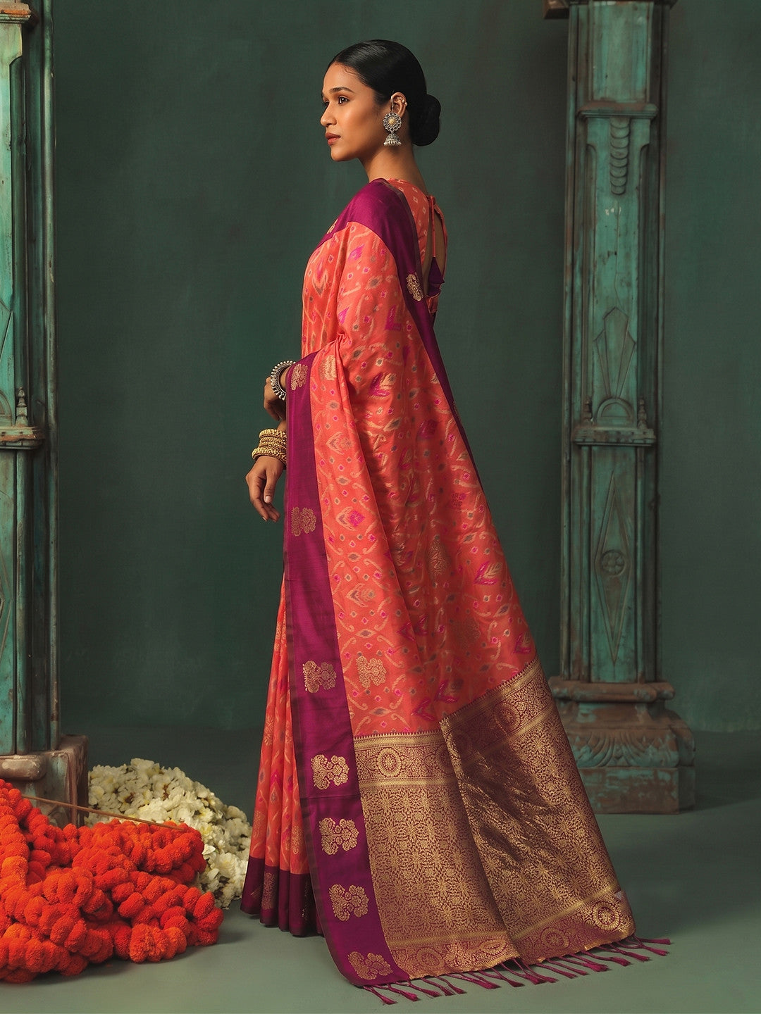 Peachmode Peach Silk Blend Woven Saree - Image 3