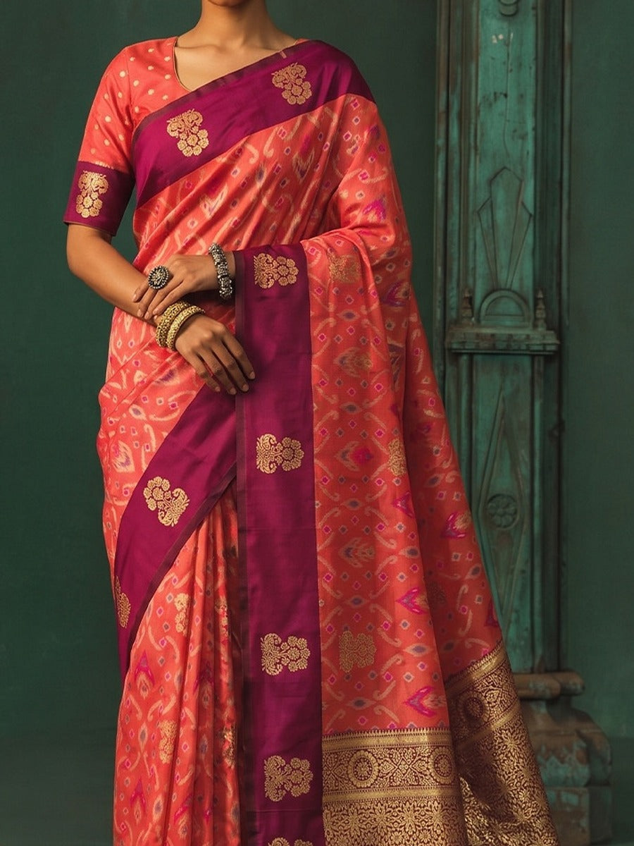 Peachmode Peach Silk Blend Woven Saree - Image 4