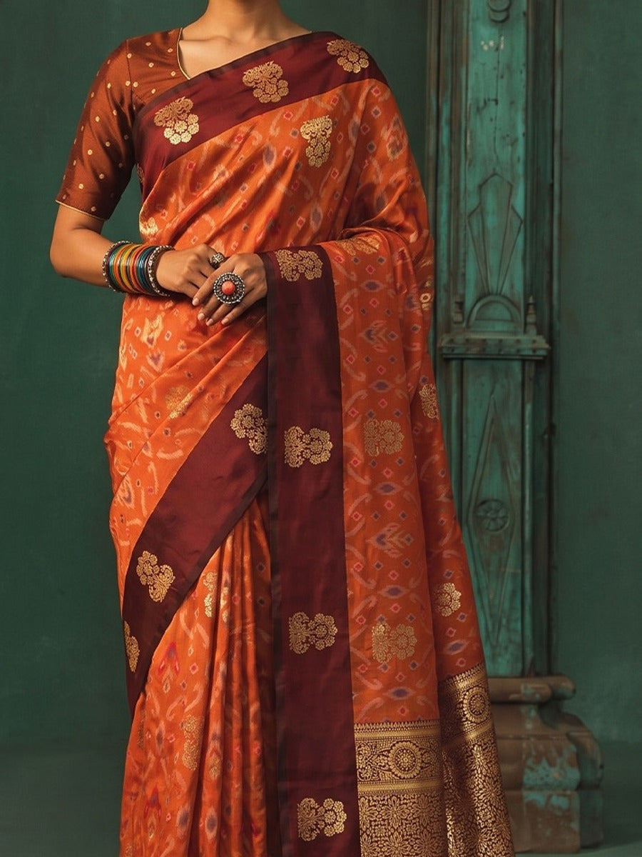 Peachmode Orange Silk Blend Woven Saree - Image 4