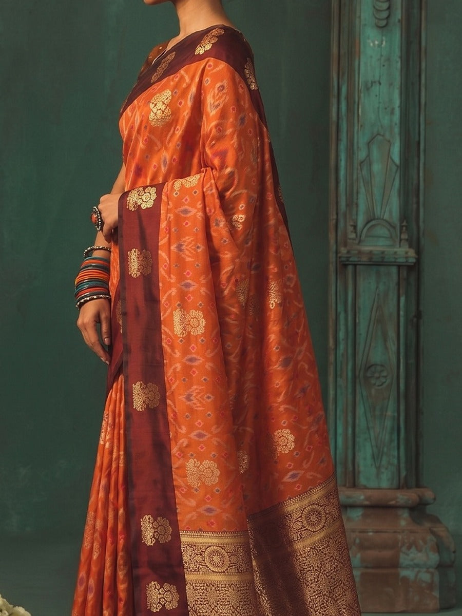 Peachmode Orange Silk Blend Woven Saree - Image 6