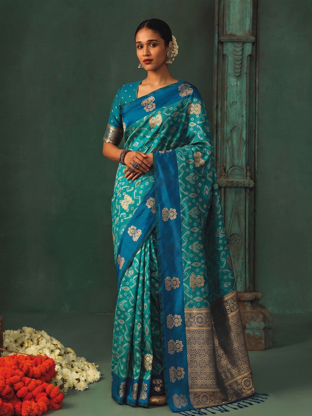 Peachmode Sky Blue Silk Blend Woven Saree - Image 1