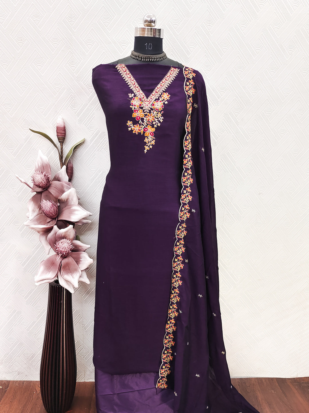 Peachmode Purple Vichitra Silk Floral Embroidered Unstitched Dress Material - Image 2