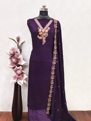 Peachmode Purple Vichitra Silk Floral Embroidered Unstitched Dress Material - Image 2