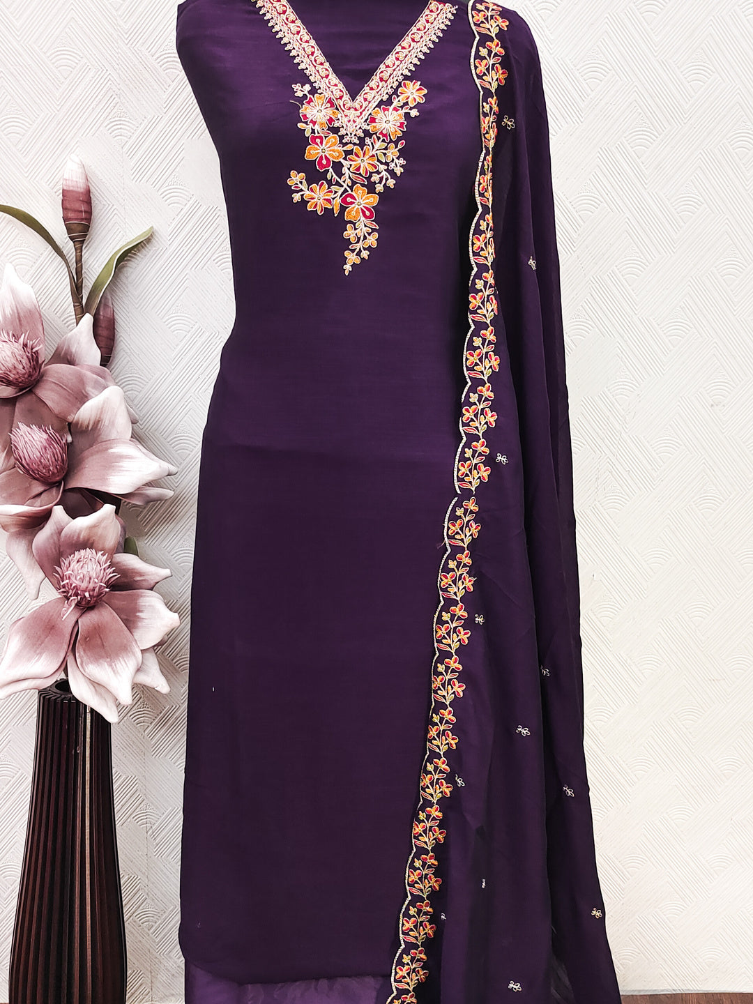 Peachmode Purple Vichitra Silk Floral Embroidered Unstitched Dress Material - Image 6