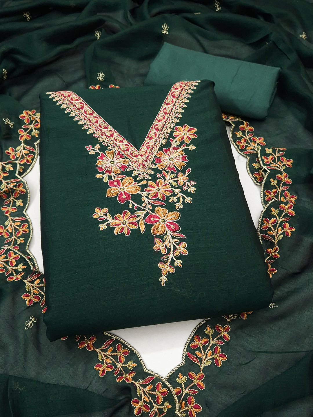 Peachmode Green Vichitra Silk Floral Embroidered Unstitched Dress Material - Image 1