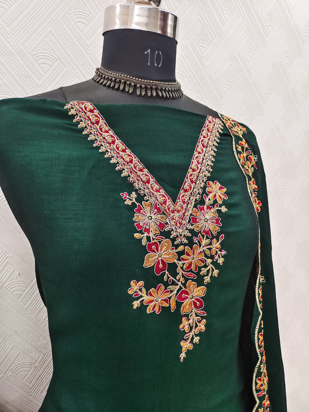 Peachmode Green Vichitra Silk Floral Embroidered Unstitched Dress Material - Image 3