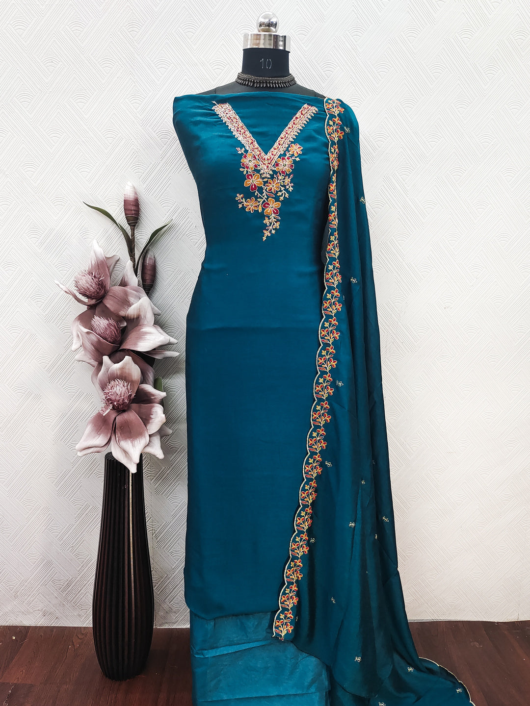 Peachmode Teal Vichitra Silk Floral Embroidered Unstitched Dress Material - Image 2