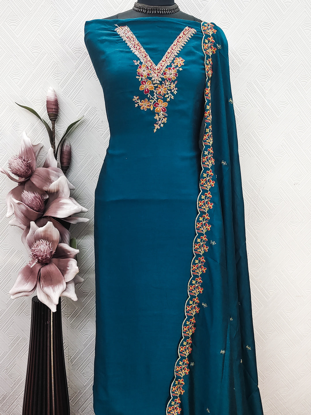 Peachmode Teal Vichitra Silk Floral Embroidered Unstitched Dress Material - Image 6