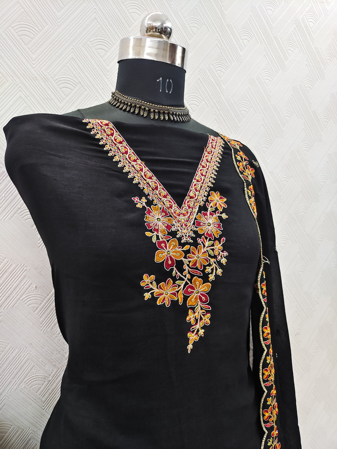 Peachmode Black Vichitra Silk Floral Embroidered Unstitched Dress Material - Image 3