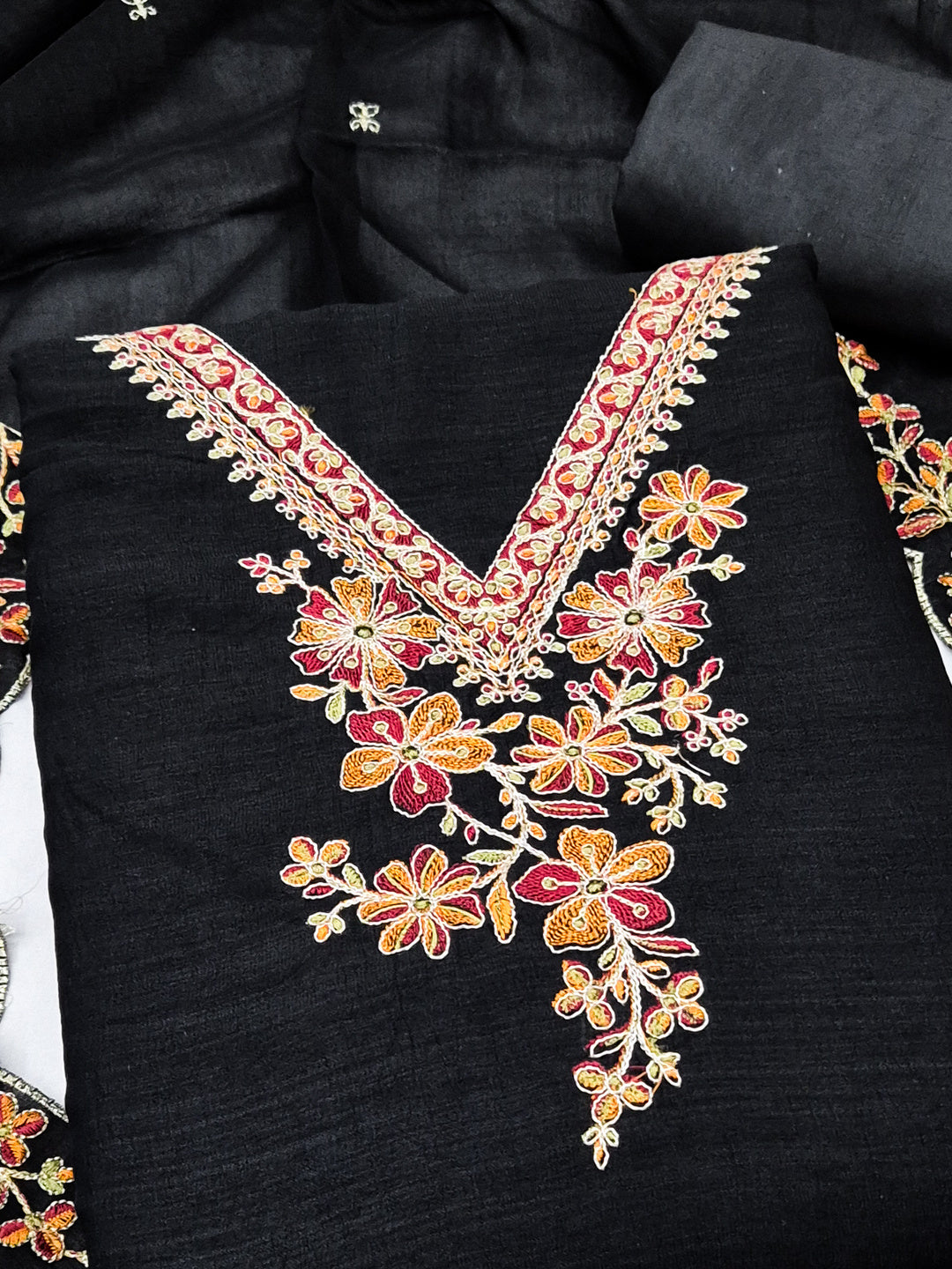 Peachmode Black Vichitra Silk Floral Embroidered Unstitched Dress Material - Image 4