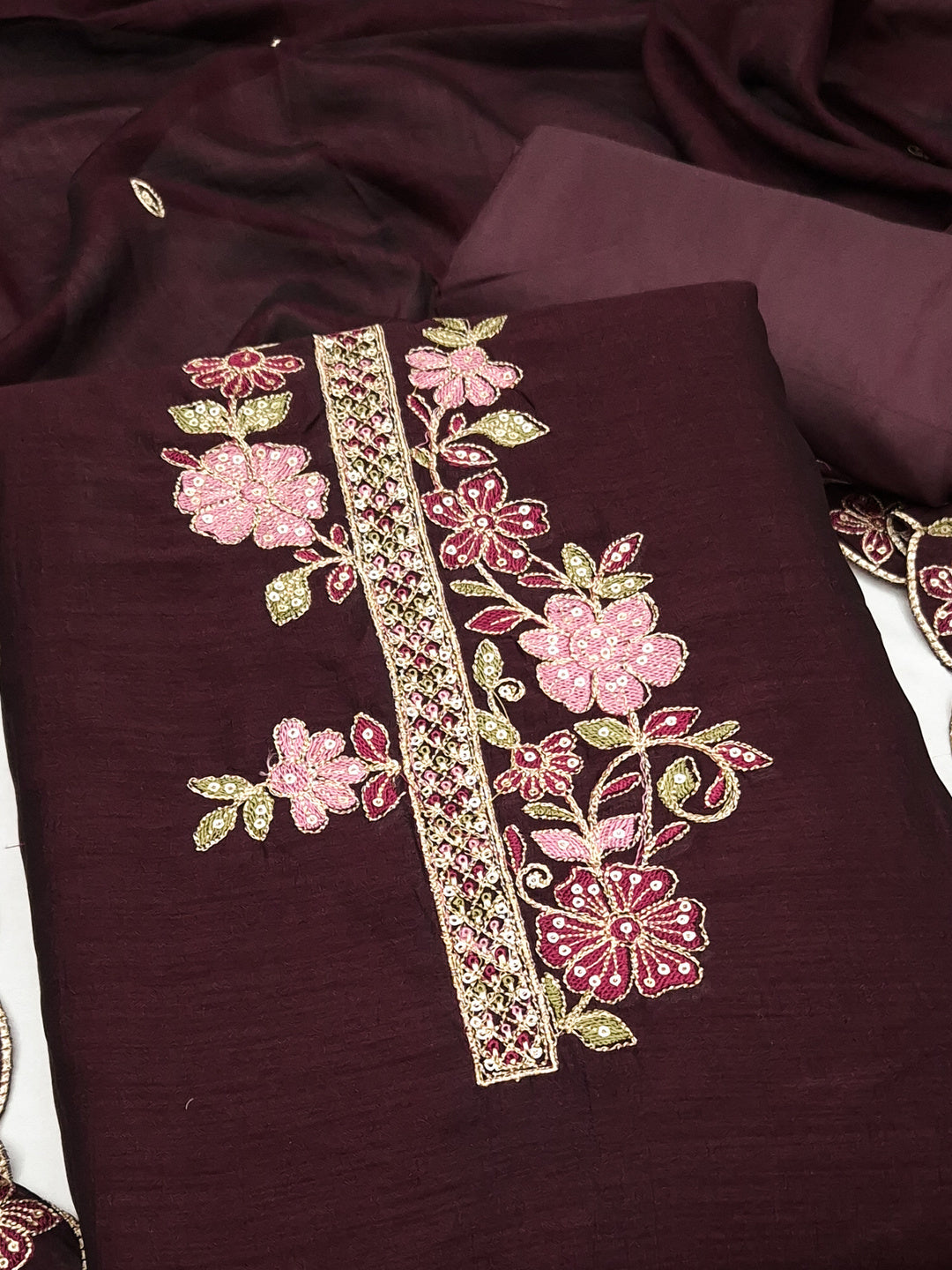 Peachmode Maroon Vichitra Silk Floral Embroidered Unstitched Dress Material - Image 4