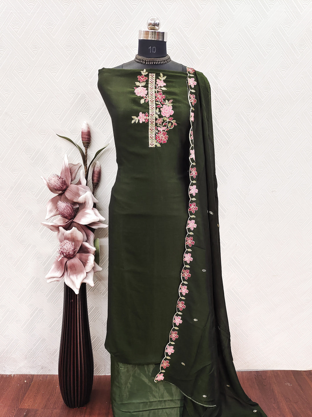 Peachmode Green Vichitra Silk Floral Embroidered Unstitched Dress Material - Image 2