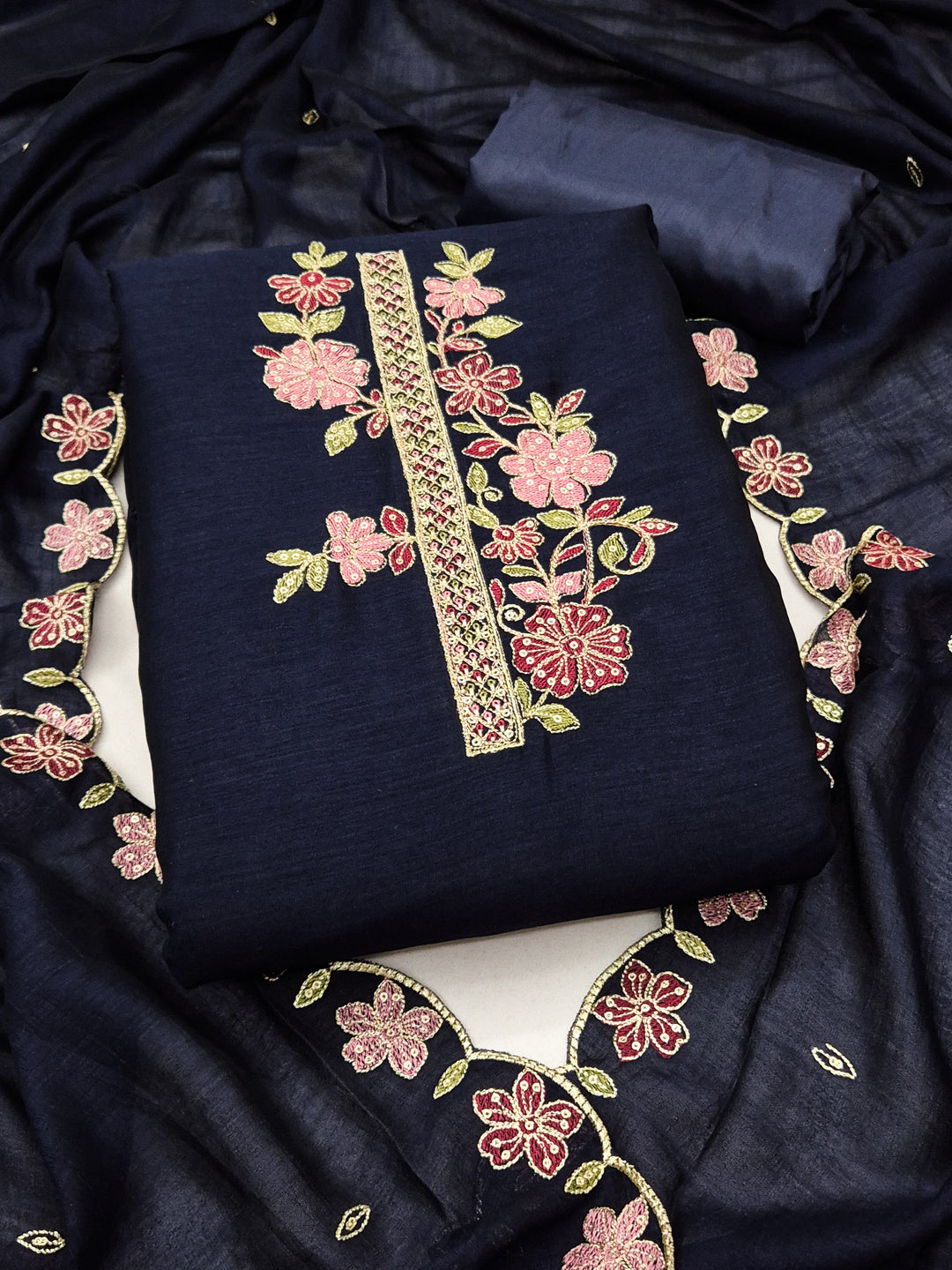Peachmode Navy Blue Vichitra Silk Floral Embroidered Unstitched Dress Material - Image 1