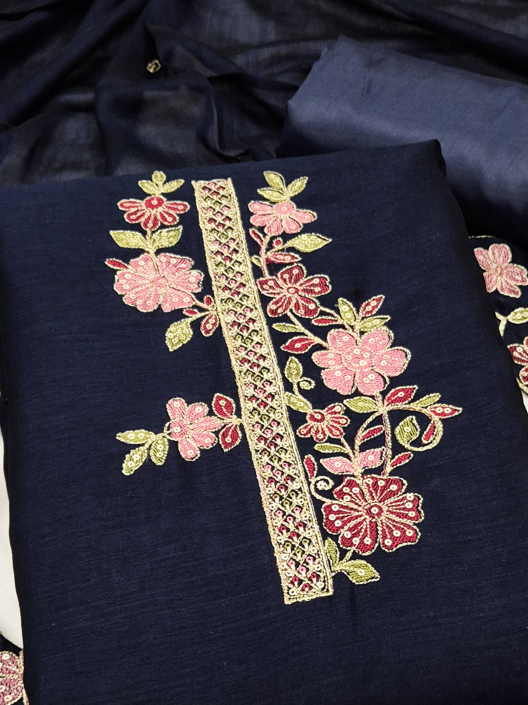 Peachmode Navy Blue Vichitra Silk Floral Embroidered Unstitched Dress Material - Image 4