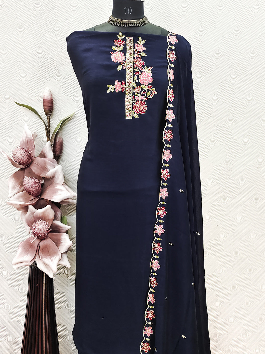 Peachmode Navy Blue Vichitra Silk Floral Embroidered Unstitched Dress Material - Image 6