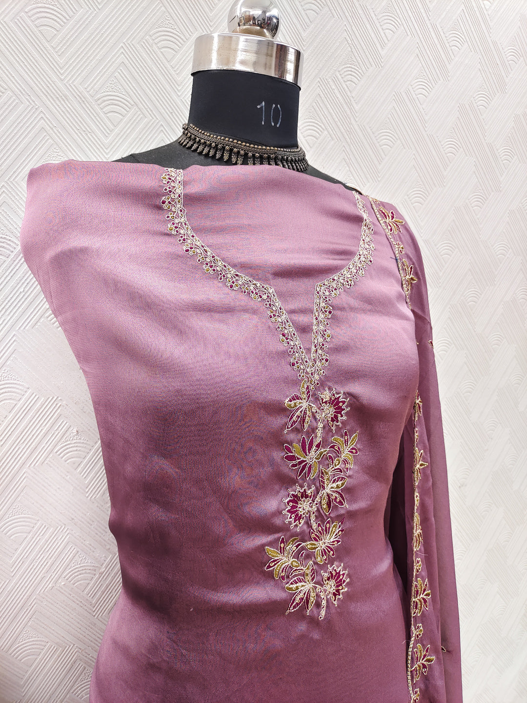 Peachmode Mauve Satin Floral Embroidered Unstitched Dress Material - Image 3