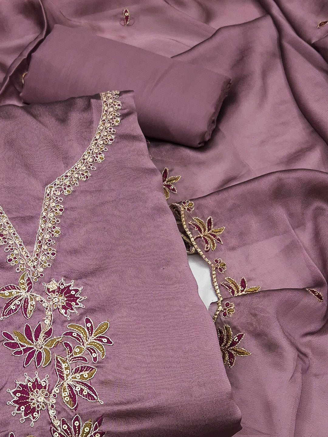 Peachmode Mauve Satin Floral Embroidered Unstitched Dress Material - Image 4