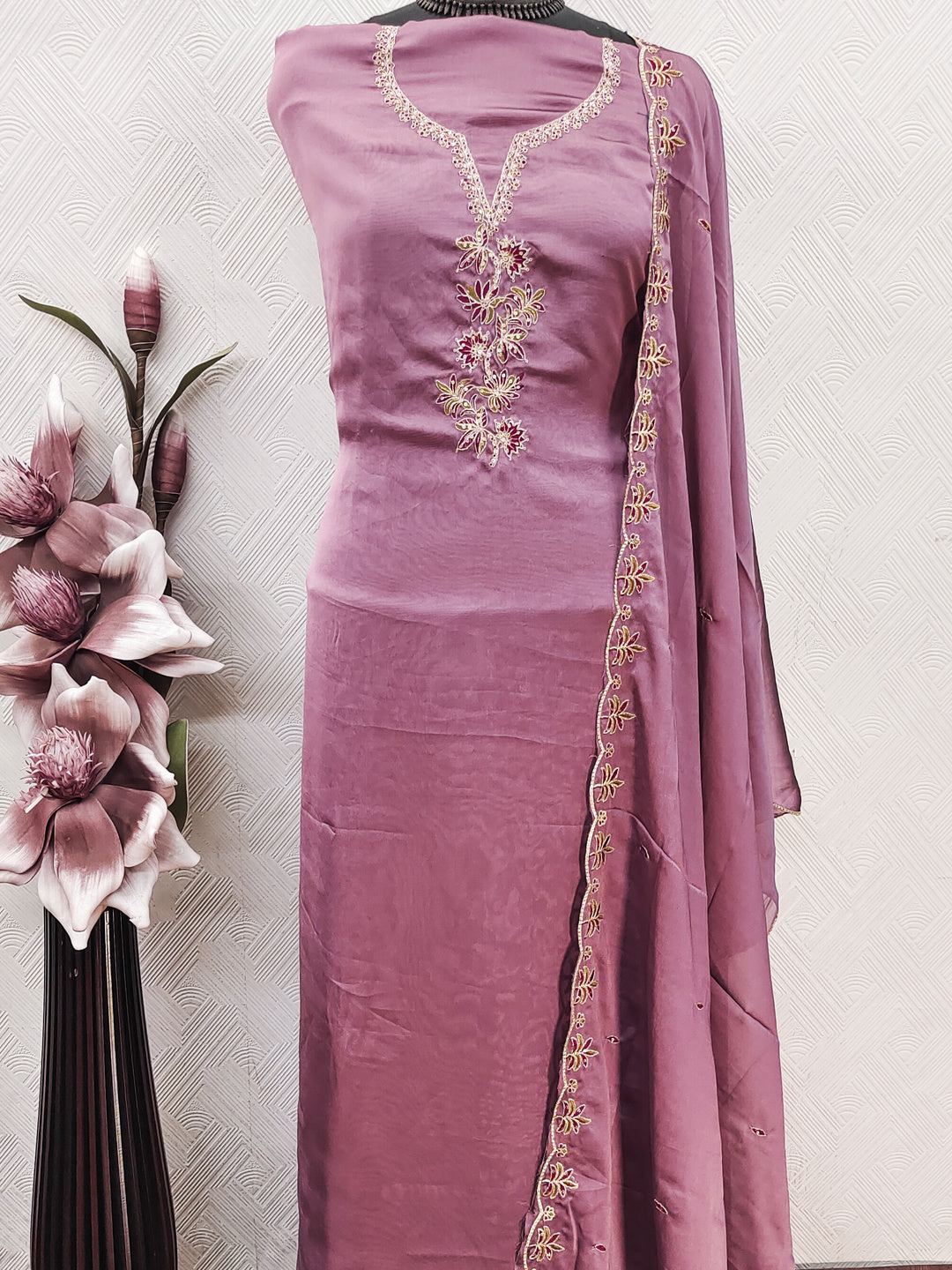 Peachmode Mauve Satin Floral Embroidered Unstitched Dress Material - Image 6