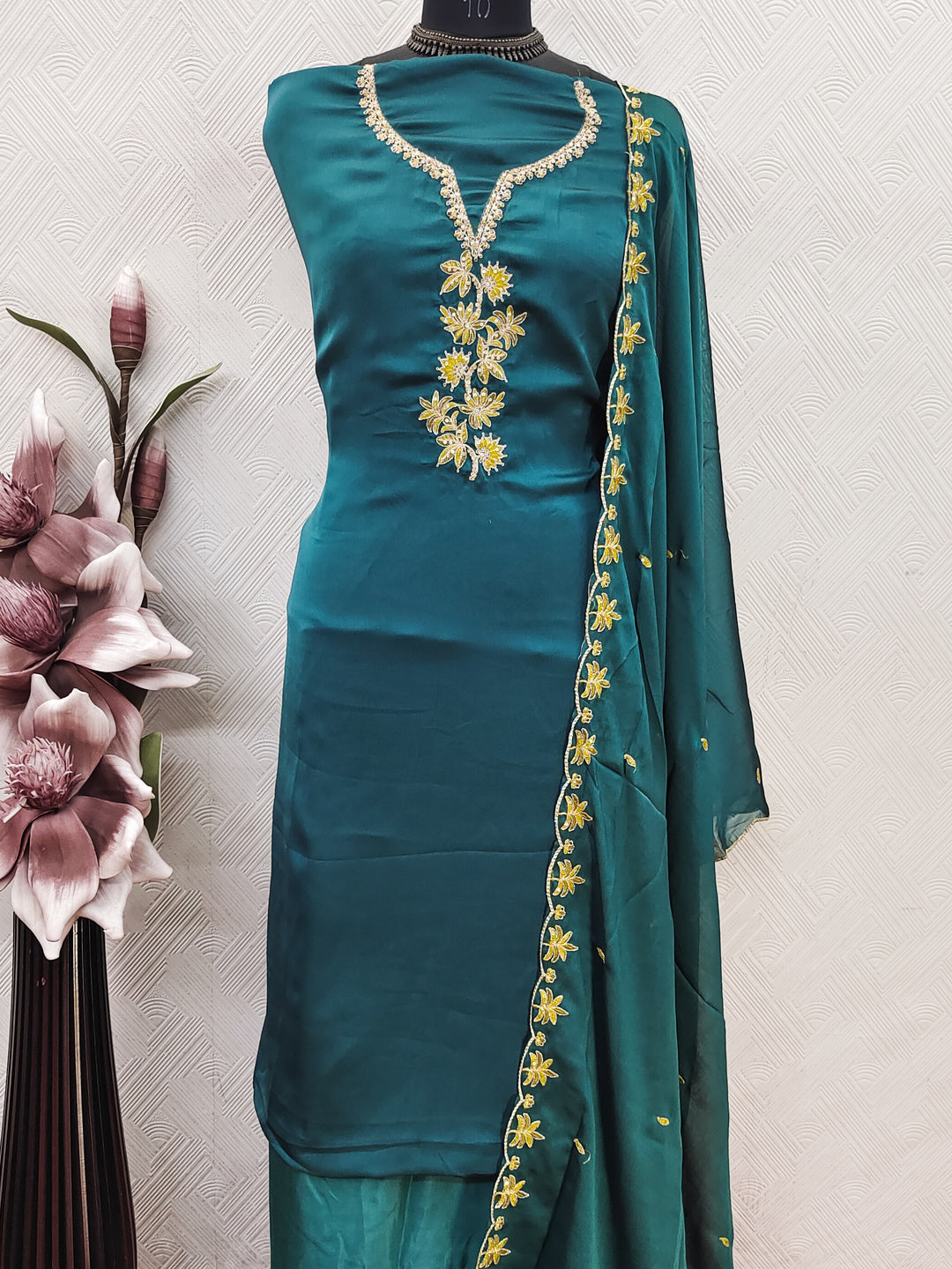 Peachmode Teal Satin Floral Embroidered Unstitched Dress Material - Image 6