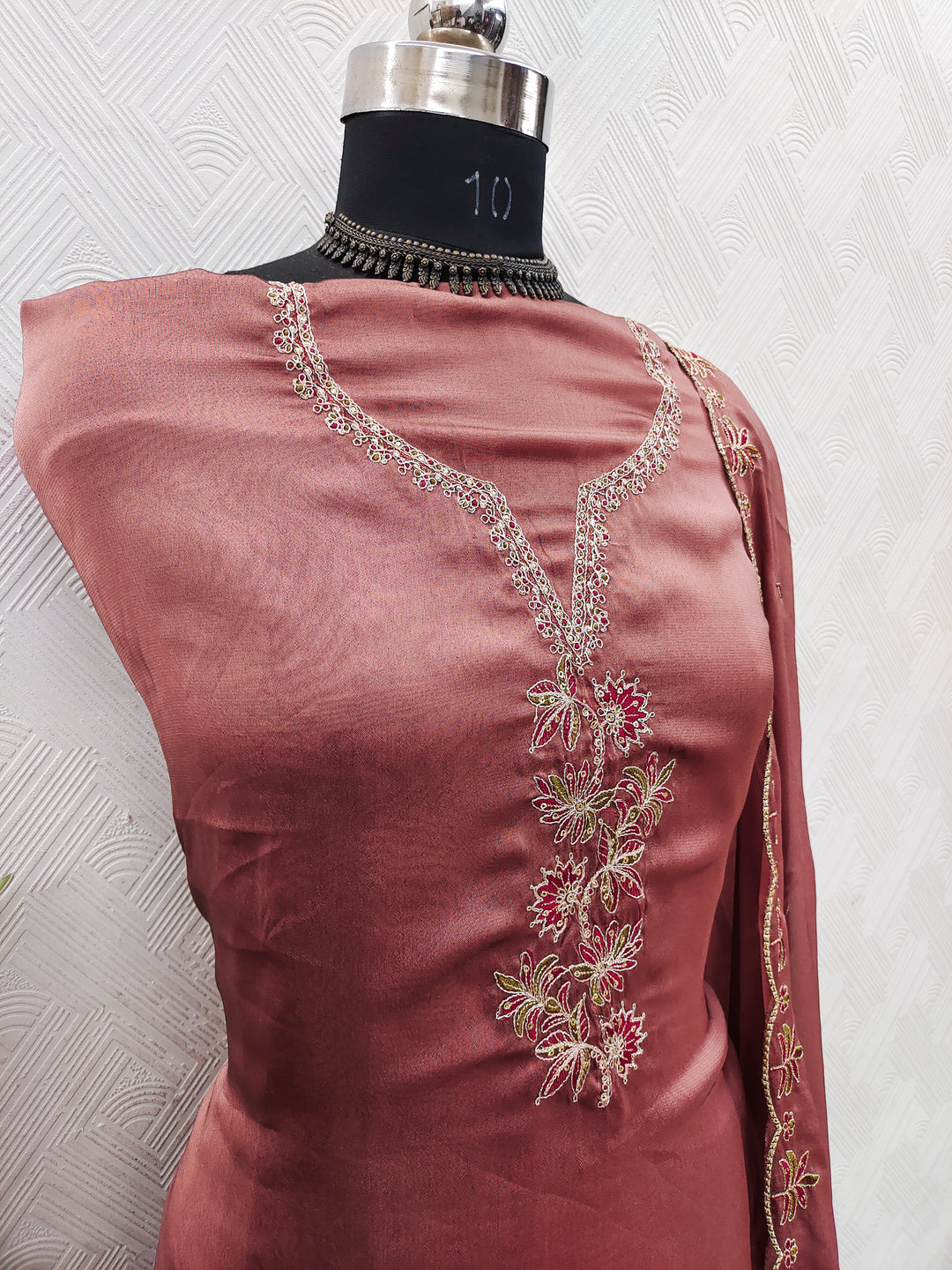 Peachmode Peach Satin Floral Embroidered Unstitched Dress Material - Image 3