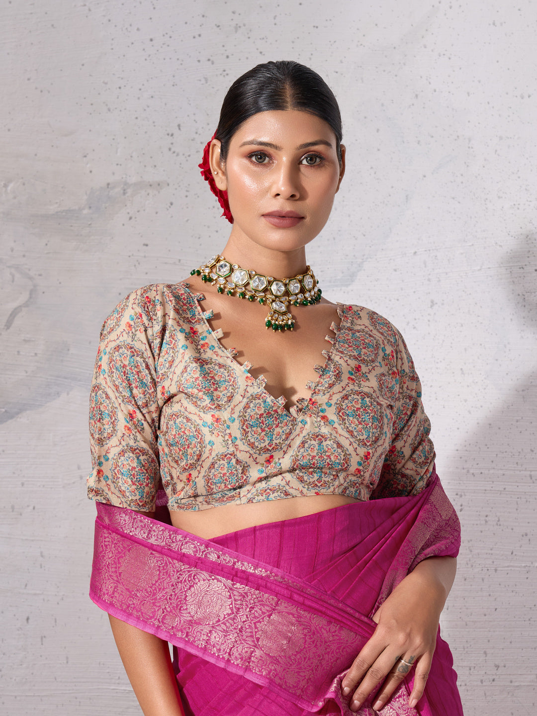 Peachmode Rani Pink Chiffon Foil Border Saree - Image 3